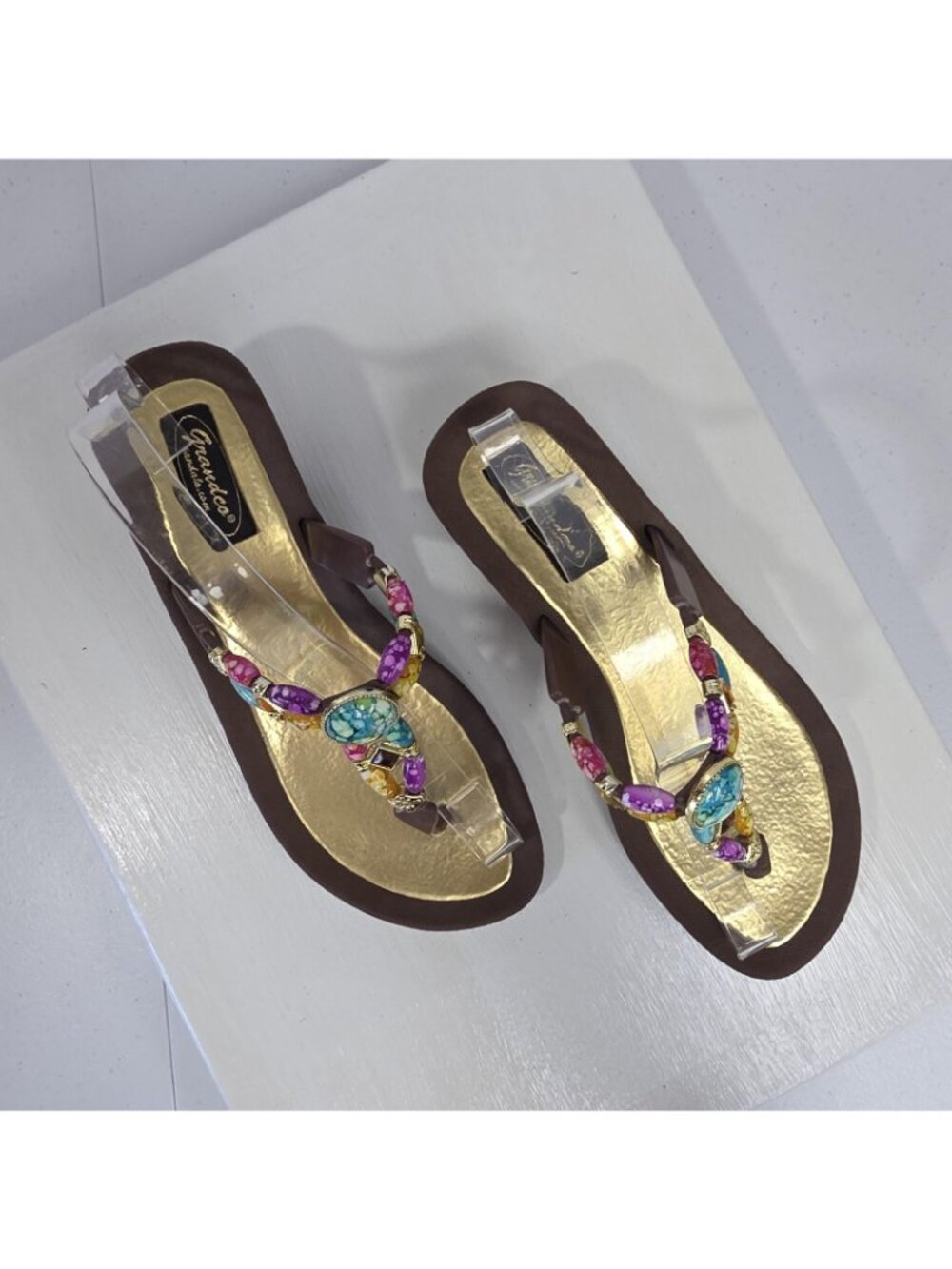 Grandco Sandals Womens Size 8 Multicolor Beaded Jeweled Wedge Thong Shoes - Picture 8 of 11